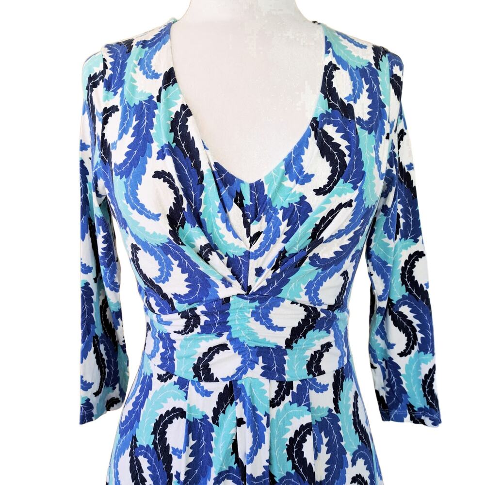 Boden Marion Blue Leaf Print Jersey Tunic Mini Size 4 V-neck 3/4 Sleeve - Picture 4 of 13